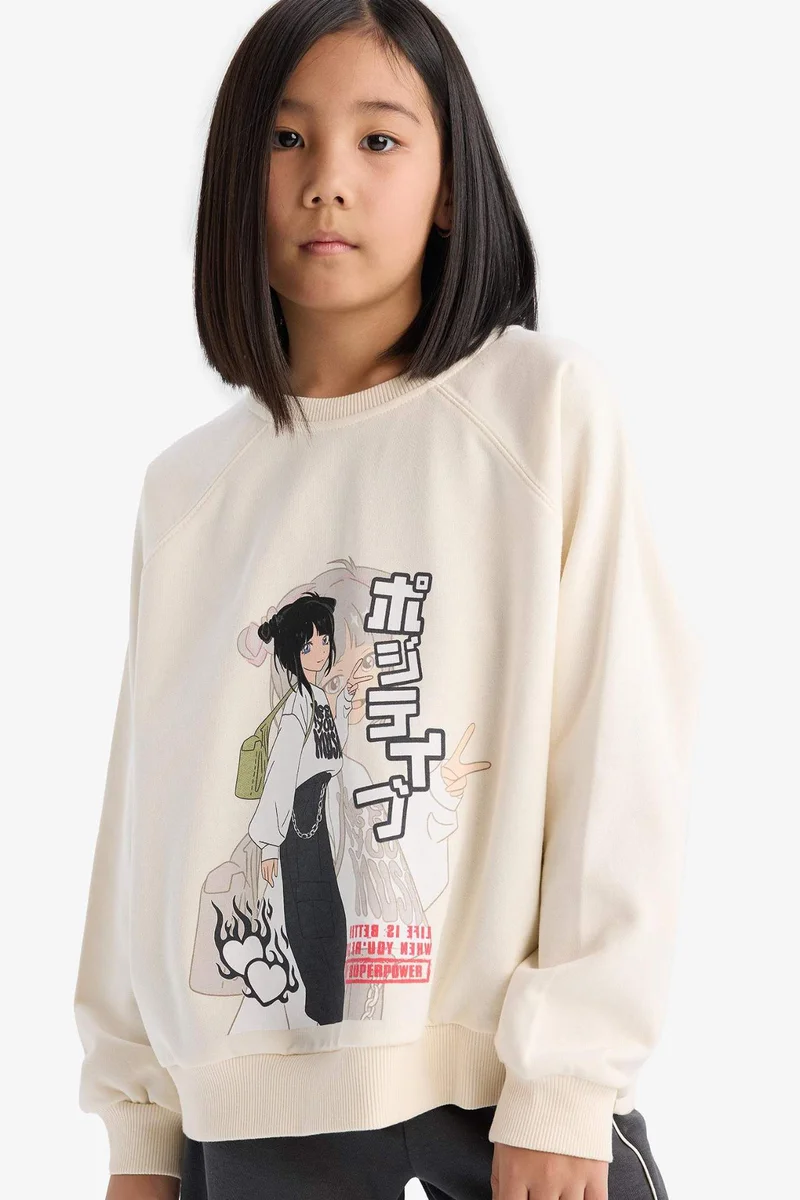 DeFacto Girl Relax Fit Crew Neck Anime Printed Sweatshirt