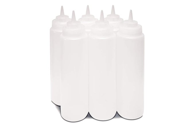 24 OZ 710 ML PLASTIC SQUEEZE BOTTLES FOR KETCHUP BBQ SAUCE SYRUP CONDIMENTS MUSTARD MAYO HOT SAUCE OLIVE OIL DRESSING CLEAR PACK OF 6 PIECES