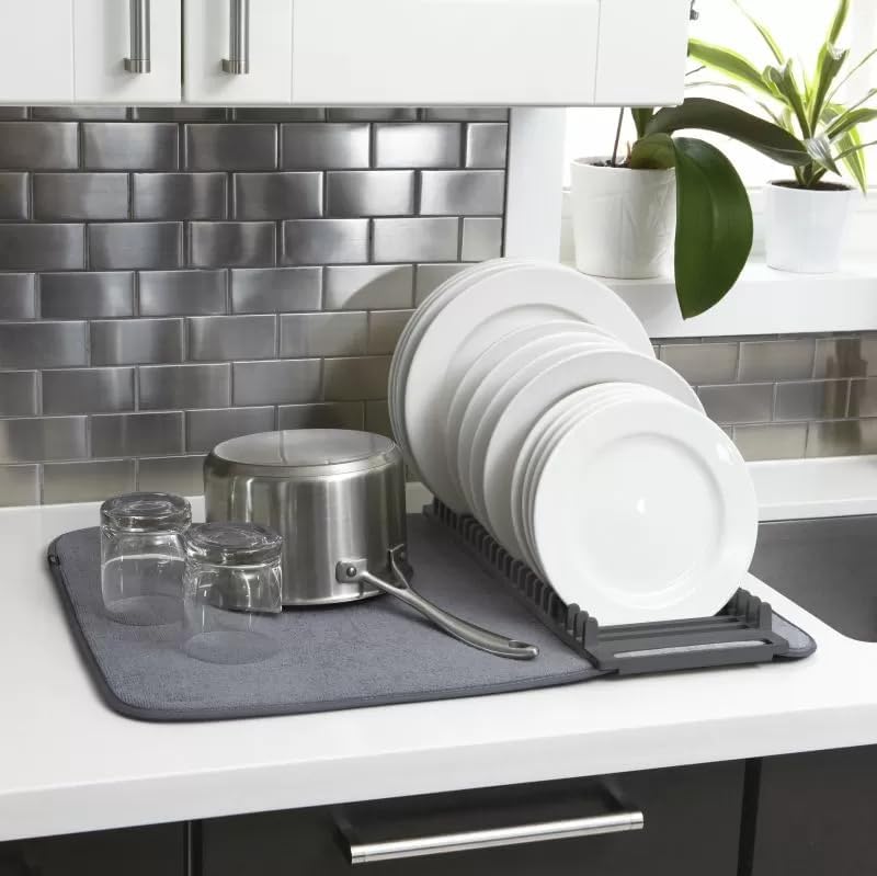 Pekos Dish Drying Mat Dish Rack Organizer with Removable Tray Microfiber Dish Drying Mat for Kitchen Countertop Sink Drain and Dry Wine Glasses Bowls Dishes Mat with Stand Multicolor - Image 2