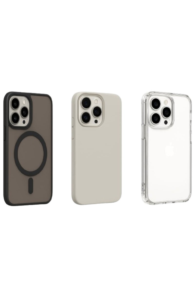 Case Club 3PCS  iPhone 15 Pro Case Combo – Luxury Shockproof MagSafe Soft Silicone, Transparent & Slim Fit Covers - Image 1