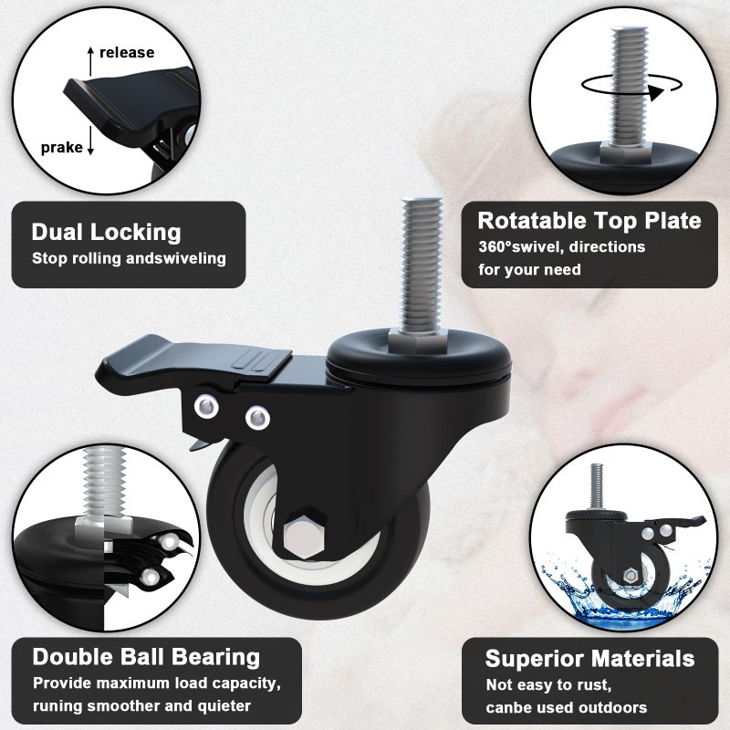 AAGUT 1.5" Stem Casters, Screwed Bolt 5/16" x 18 x 1, Swivel Caster with Brake Lock No Noise Castors,Set of 4 - Image 4