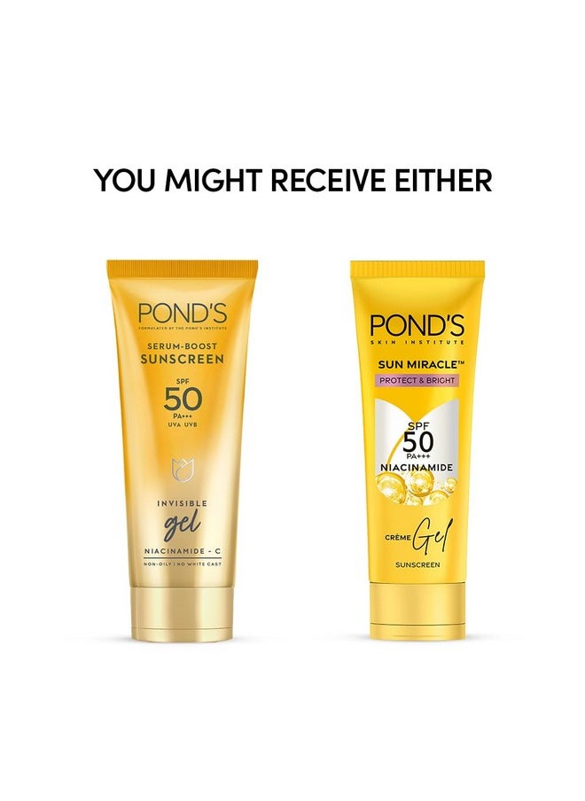Pond's - Pond’S Sun Miracle Spf 50 Pa+++ Crème Gel Sunscreen-Protect & Bright, With 3% Niacinamide, Fade Dark Spots In 4 Weeks, Lightweight, No White Cast 100G - Image 1
