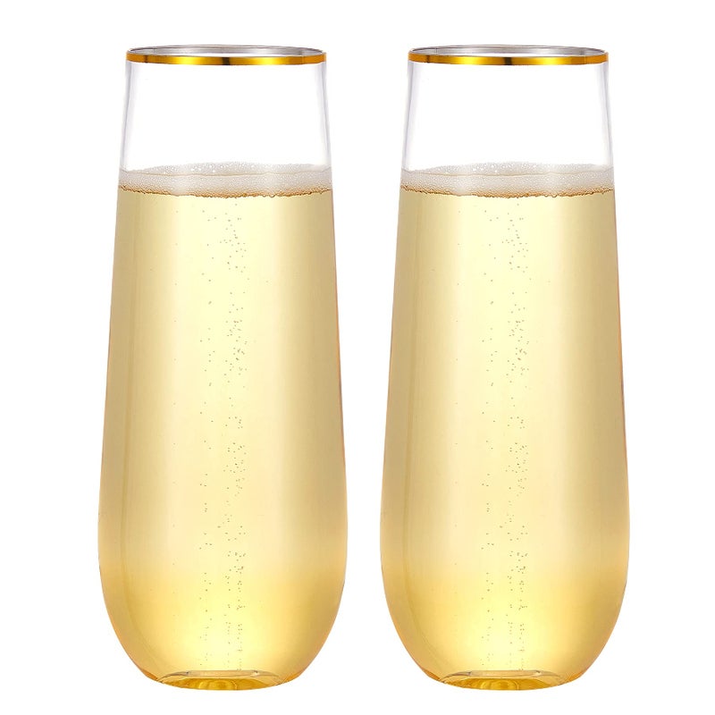 N9R 24PCS Plastic Champagne Flutes 9 Oz Stemless Disposable Gold Rim Toasting Glasses Crystal Clear Cocktail Cups Drinkware Shatterproof Ideal for Party Wedding Birthday