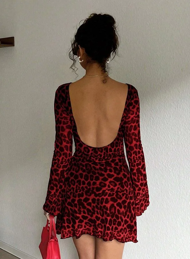تايك تو Women's Leopard Print Backless Long Sleeve Mini Dress