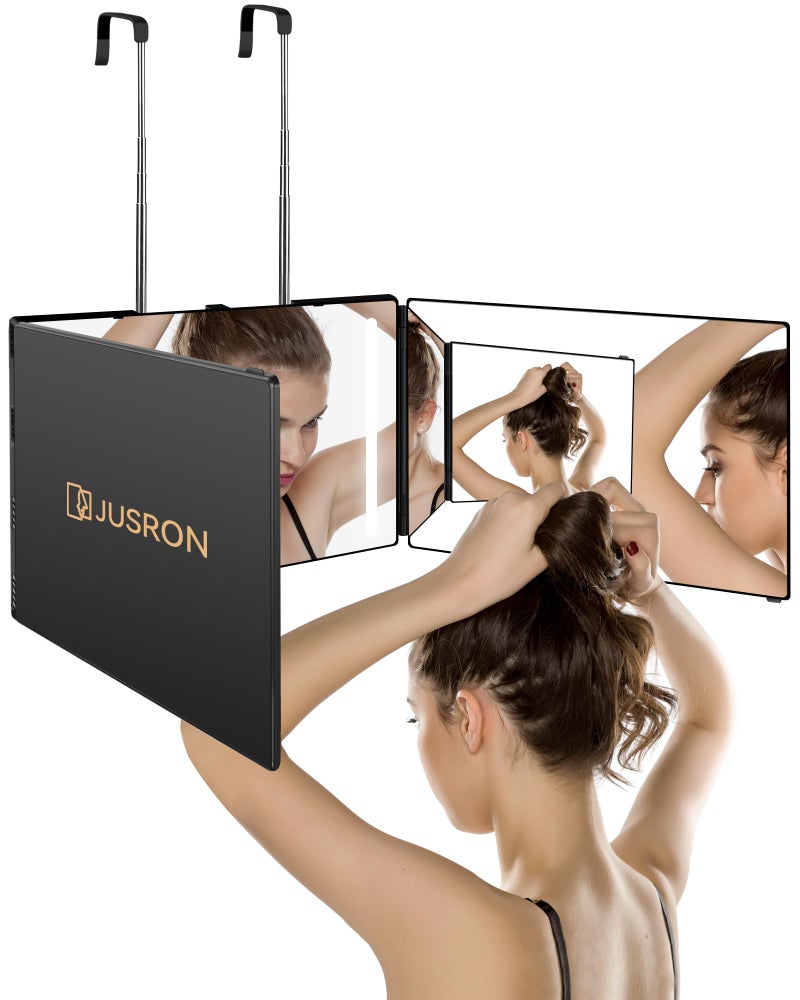 JUSRON 360 Viewing Angle Self Hair Cutting Mirror Clear AntiFog HD Glass USB Rechargeable Easy to Use Height Adjustable Portable Good Choice for Gifts