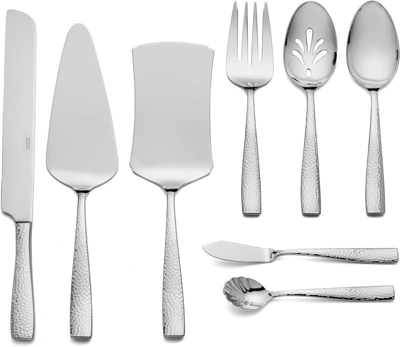 Hudson Essentials Hammered 18/10 Stainless Steel Hostess Serving Utensil Set, 8-Piece Set with Cake Knife, Cake Server and Lasagna Pie Server, Dishwasher Safe - Image 1