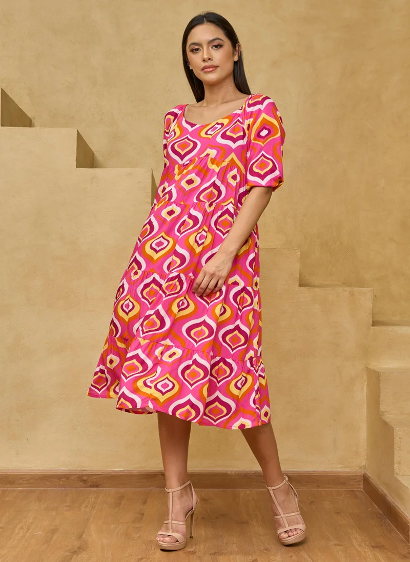 Couturelabs Pink Geometrical Printed Midi Dress