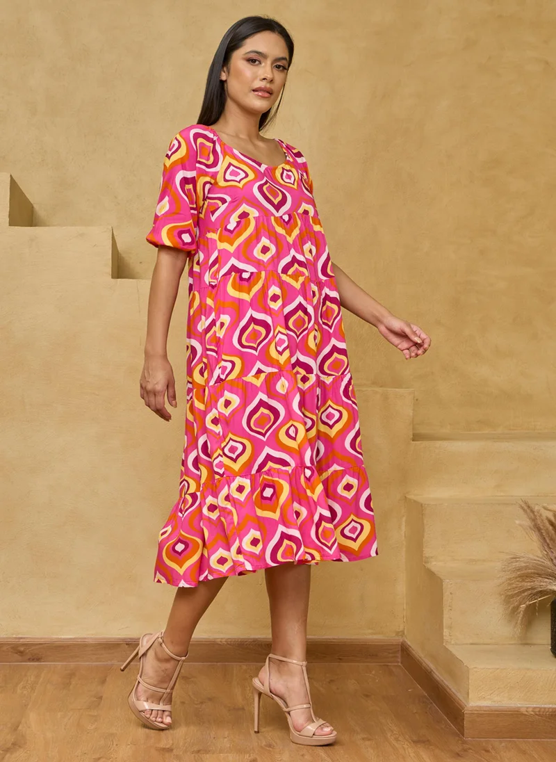 كوتور لابس Pink Geometrical Printed Midi Dress