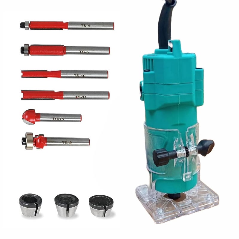 KRISHAK TOOLS أداة كريشاكاك فاستكينج لتقليم الخشب مع مجموعة من 6 قطع بأشكال مختلفة من بتات التوجيه 635 مم و 6 مم و 635 مم و 8 مم كوليتات وسلك بطول 3 م متاح حسب التوفر اللون أزرق سماوي - Image 1