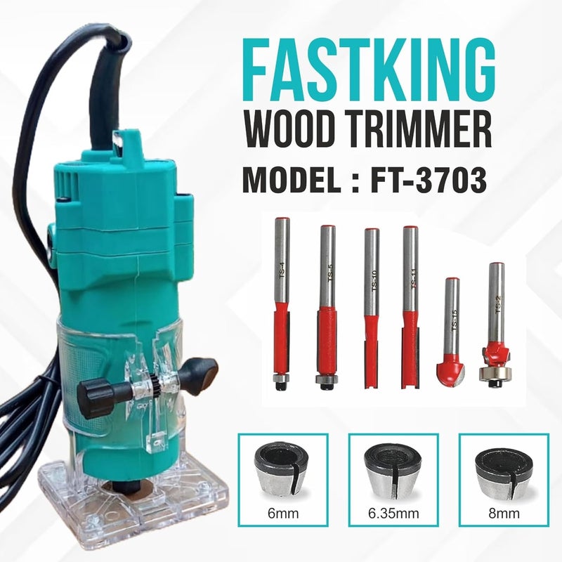 KRISHAK TOOLS أداة كريشاكاك فاستكينج لتقليم الخشب مع مجموعة من 6 قطع بأشكال مختلفة من بتات التوجيه 635 مم و 6 مم و 635 مم و 8 مم كوليتات وسلك بطول 3 م متاح حسب التوفر اللون أزرق سماوي - Image 2