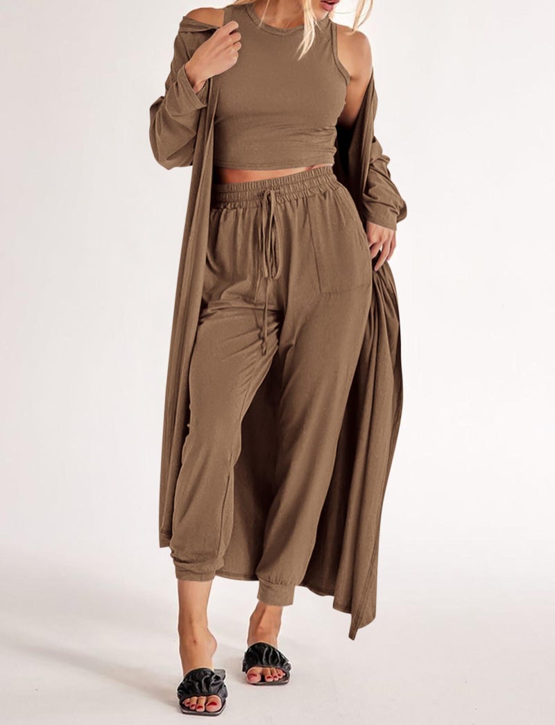 KIRUNDO 3 Piece Lounge Sets for Women Airport Travel Vacation Outfits Spring Cardigan Matching Sleeveless Top Jogger Pants(Khaki, Medium) - Image 3
