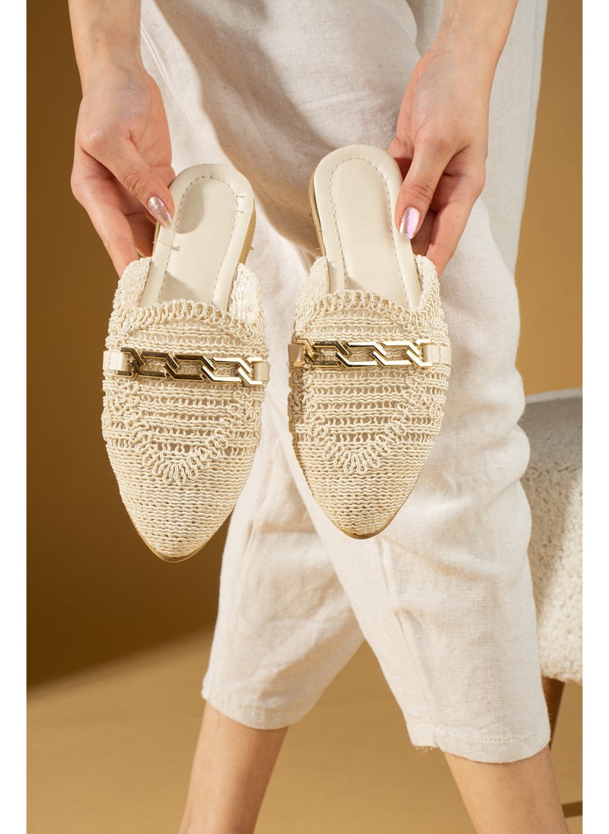 Pembe Potin Pink Potin Chain Buckle Lace Knitted Patterned Comfortable Fit Women's Slippers 001-1-24  - Image 1