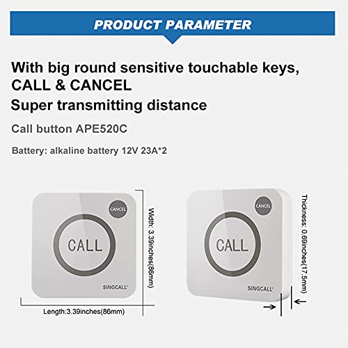 SINGCALL Wireless Service Calling System for Restaurant Cafe,Call Waiter Nurse Staff,Big Touching Button,Waterproof 2-Button Pager APE520C - Image 5