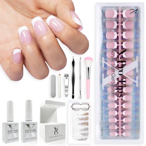 SXC Cosmetics French Tip Press On Nails Pink Series Extra Short Square Fake Nails XPro Tips Starter Kit 150PCS 15 Sizes 5 Styles - Image 1