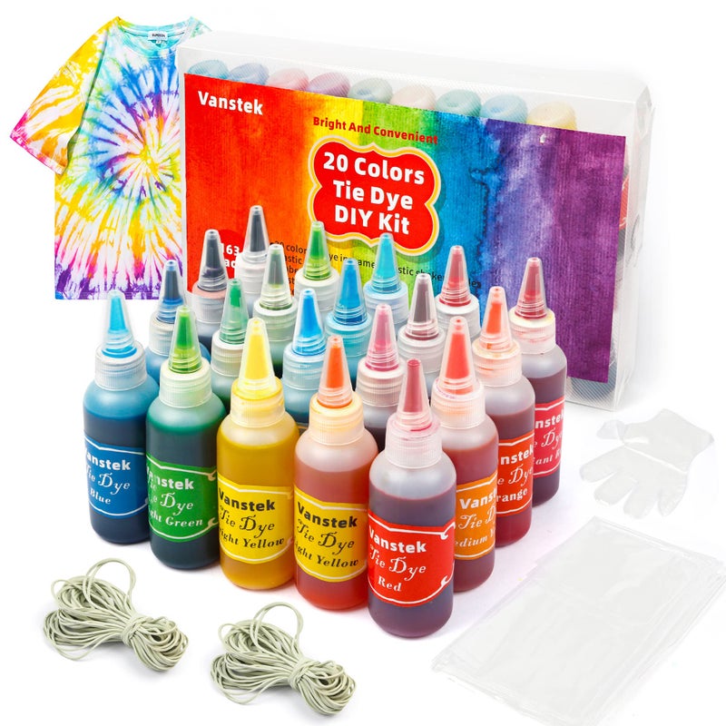 Vanstek 20 Colors Tie Dye Kit Tie Dye Shirt DIY Fabric Dye for Women Kids Men with Rubber Bands Great for Family Friends Group Party Supplies
