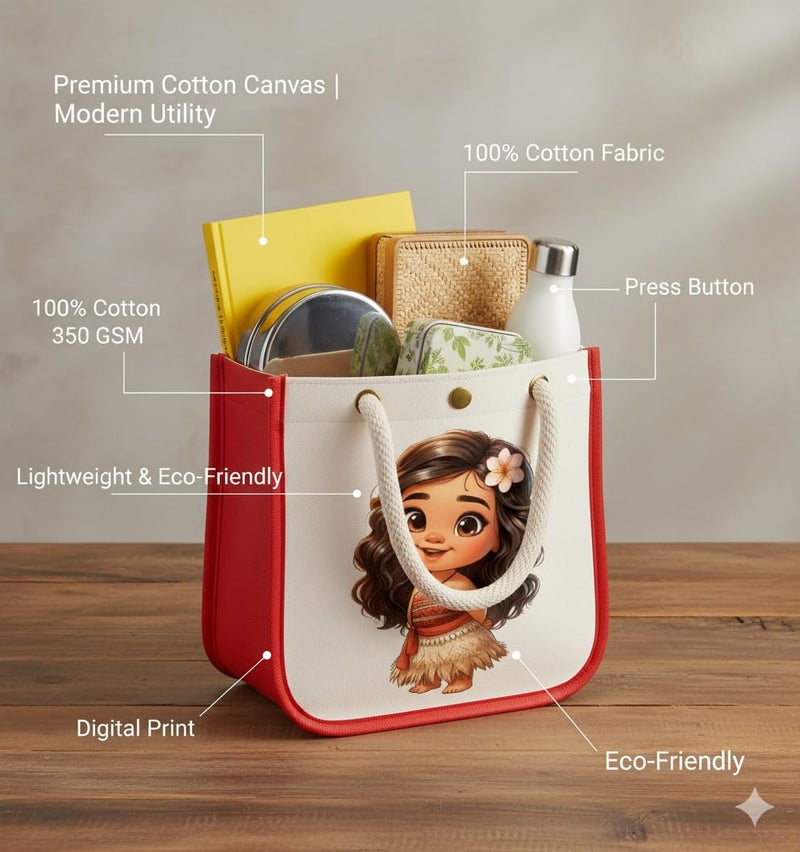 HOBBY INDIA Kids Lunch Bag | Cute & Stylish Mini Tiffin Bag for Boys & Girls | Cute Cotton Cartoon Design I Perfect For Picnic Tuition School, Preschool & Playschool (Moana) - Image 4