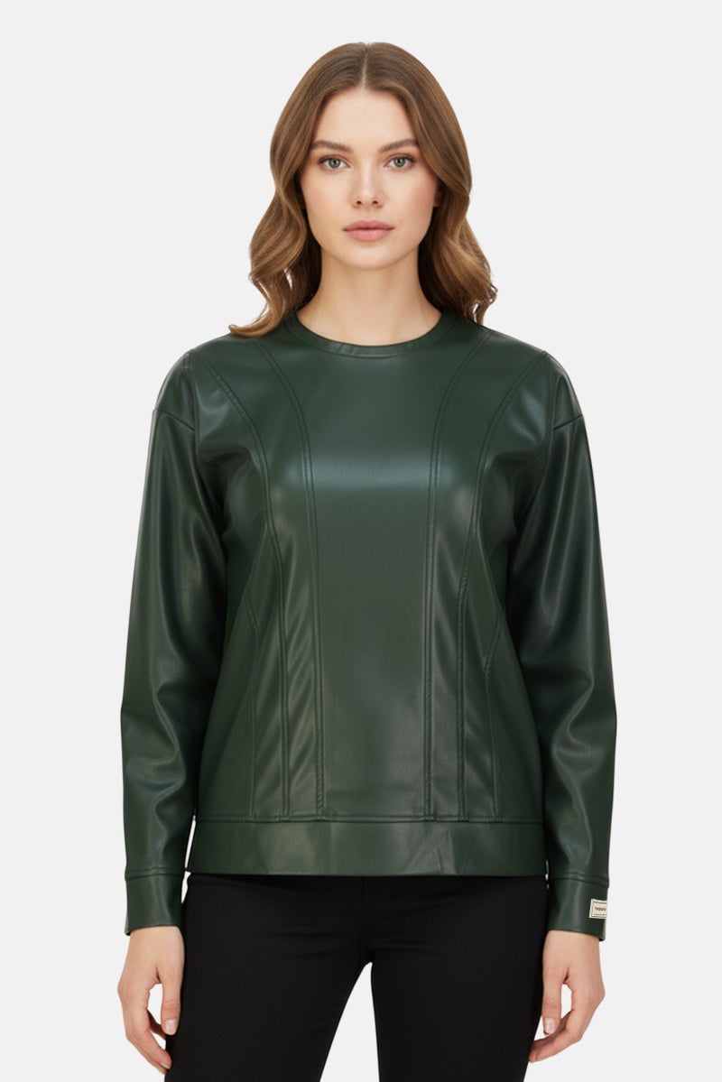 The Giving Movement Women Crew Neck Long Sleeve Brand Logo Pleather Panelled Sweatshirt, Emerald Green - Image 1