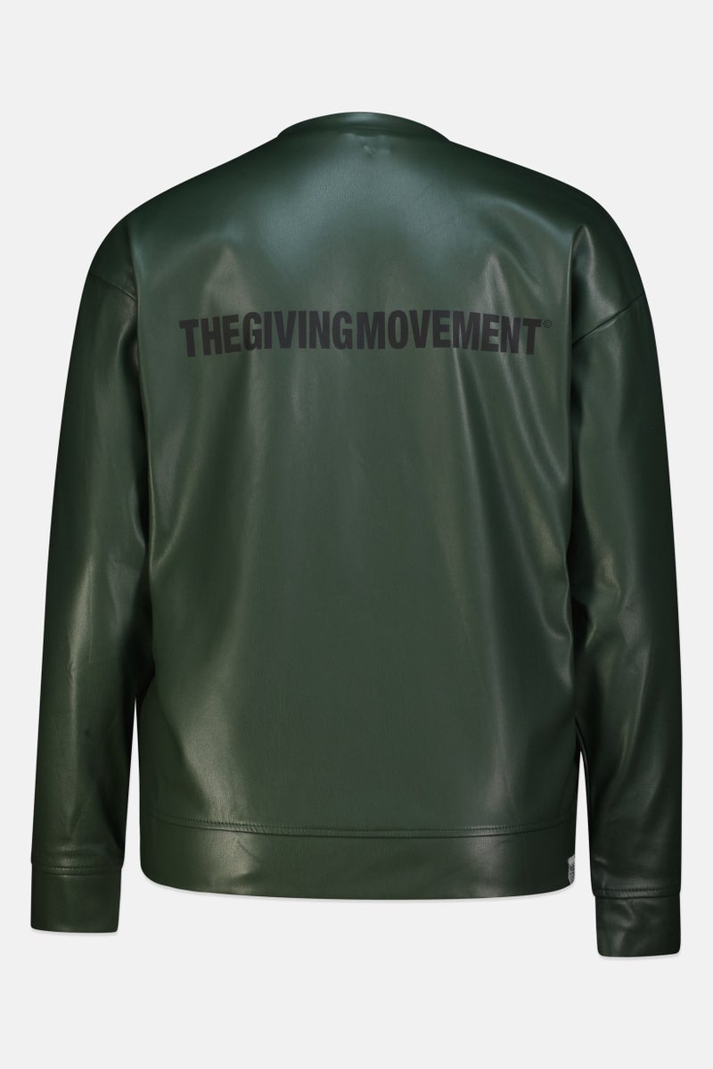 The Giving Movement Women Crew Neck Long Sleeve Brand Logo Pleather Panelled Sweatshirt, Emerald Green - Image 3