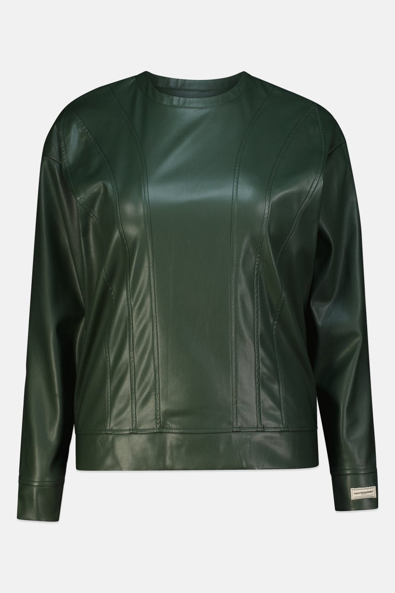 The Giving Movement Women Crew Neck Long Sleeve Brand Logo Pleather Panelled Sweatshirt, Emerald Green - Image 2