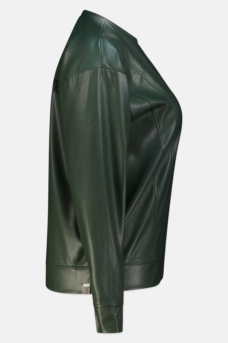 The Giving Movement Women Crew Neck Long Sleeve Brand Logo Pleather Panelled Sweatshirt, Emerald Green - Image 4