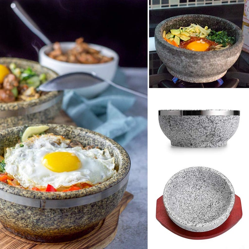 MDLUU 2 Pcs Dolsot Bibimbap Bowl 32 Oz, Granite Stone Bowl with Wood Base, Dolsot Pot for Korean Soup, Rice and Stew - Image 4