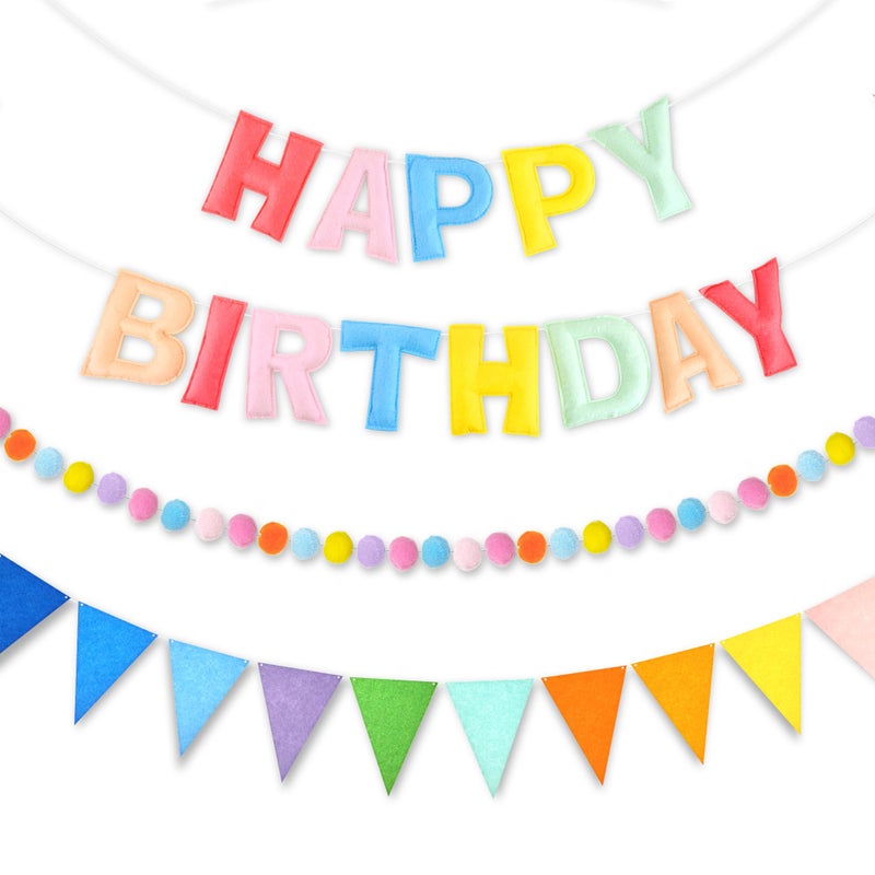 CANREVEL Pre-Strung 3D Happy Birthday Banner, 3 PCS Happy Birthday Felt Garland, Pom Pom Garland, Triangle Fabric Garland Bunting, Reusable Birthday Decorations for Women Men Girls Boys, Pastel - Image 1