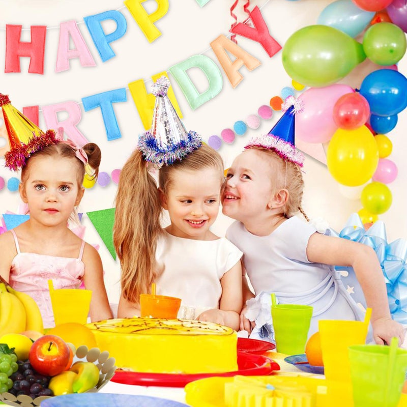 CANREVEL Pre-Strung 3D Happy Birthday Banner, 3 PCS Happy Birthday Felt Garland, Pom Pom Garland, Triangle Fabric Garland Bunting, Reusable Birthday Decorations for Women Men Girls Boys, Pastel - Image 5