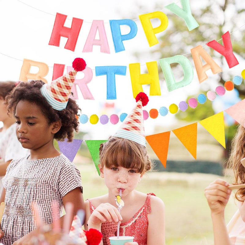 CANREVEL Pre-Strung 3D Happy Birthday Banner, 3 PCS Happy Birthday Felt Garland, Pom Pom Garland, Triangle Fabric Garland Bunting, Reusable Birthday Decorations for Women Men Girls Boys, Pastel - Image 2