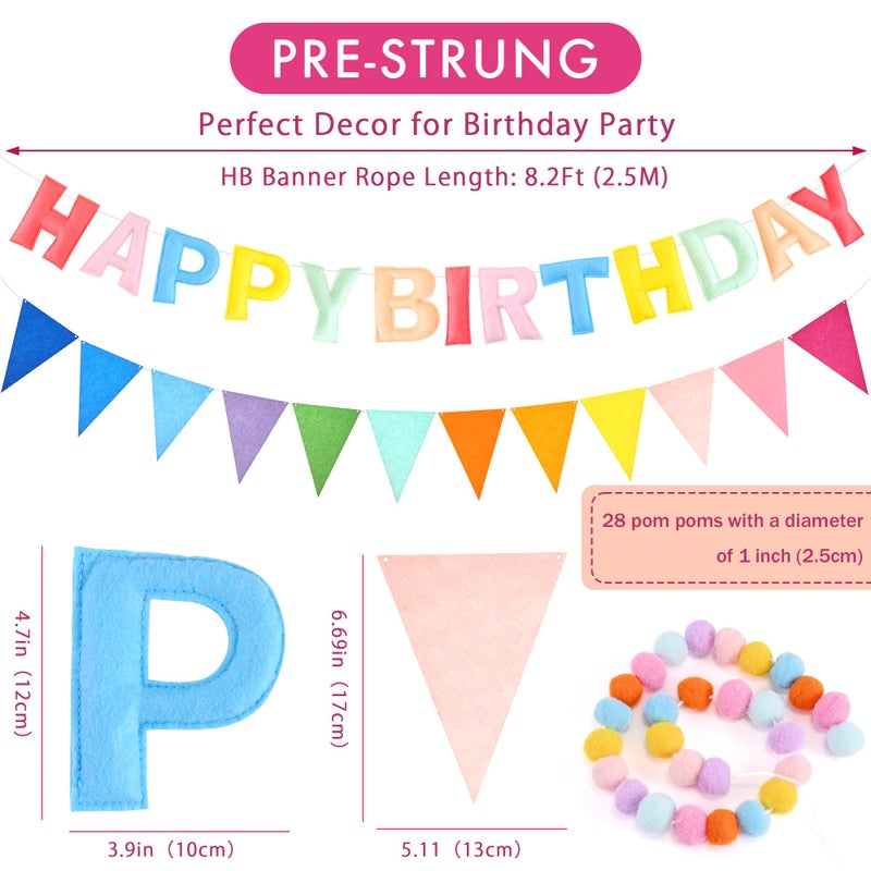 CANREVEL Pre-Strung 3D Happy Birthday Banner, 3 PCS Happy Birthday Felt Garland, Pom Pom Garland, Triangle Fabric Garland Bunting, Reusable Birthday Decorations for Women Men Girls Boys, Pastel - Image 3