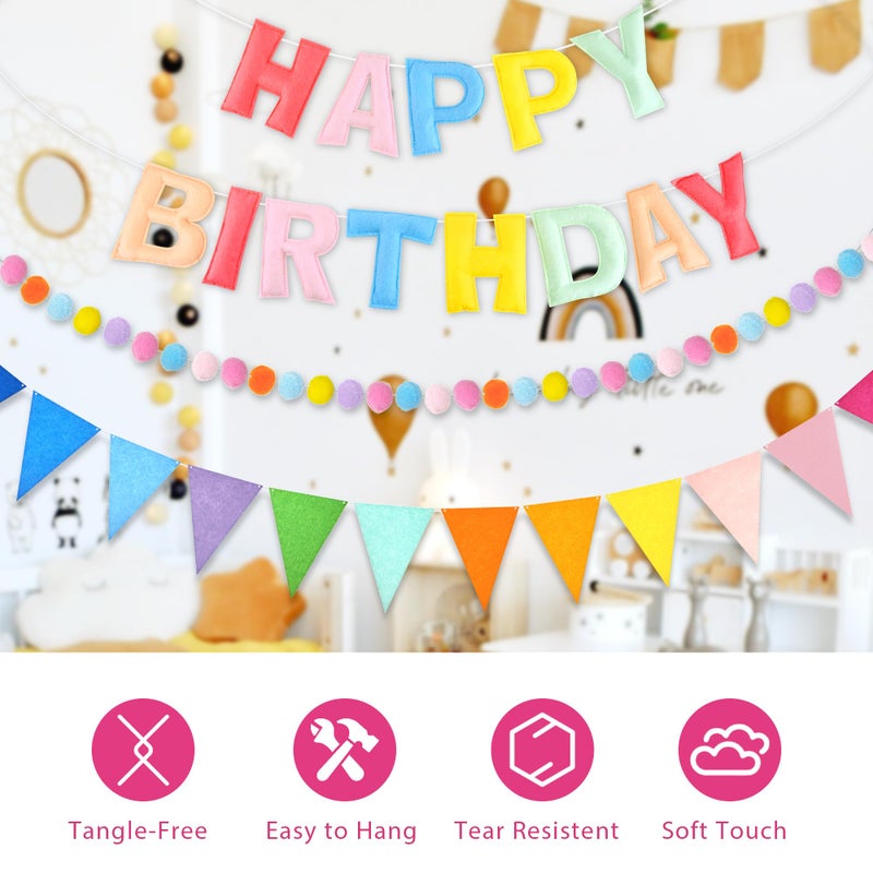 CANREVEL Pre-Strung 3D Happy Birthday Banner, 3 PCS Happy Birthday Felt Garland, Pom Pom Garland, Triangle Fabric Garland Bunting, Reusable Birthday Decorations for Women Men Girls Boys, Pastel - Image 4