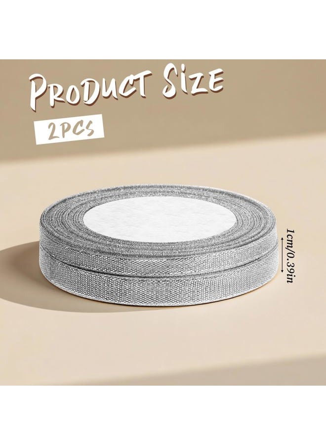 Exircy 3/8 Inch Silver Glitter Ribbon 50yard (2rolls) Sparkly Metallic Fabric Ribbons Silver Organza Shimmer Sheer Ribbon for Gifts DIY Party Wrapping Wedding Decoration and Crafts - Image 2