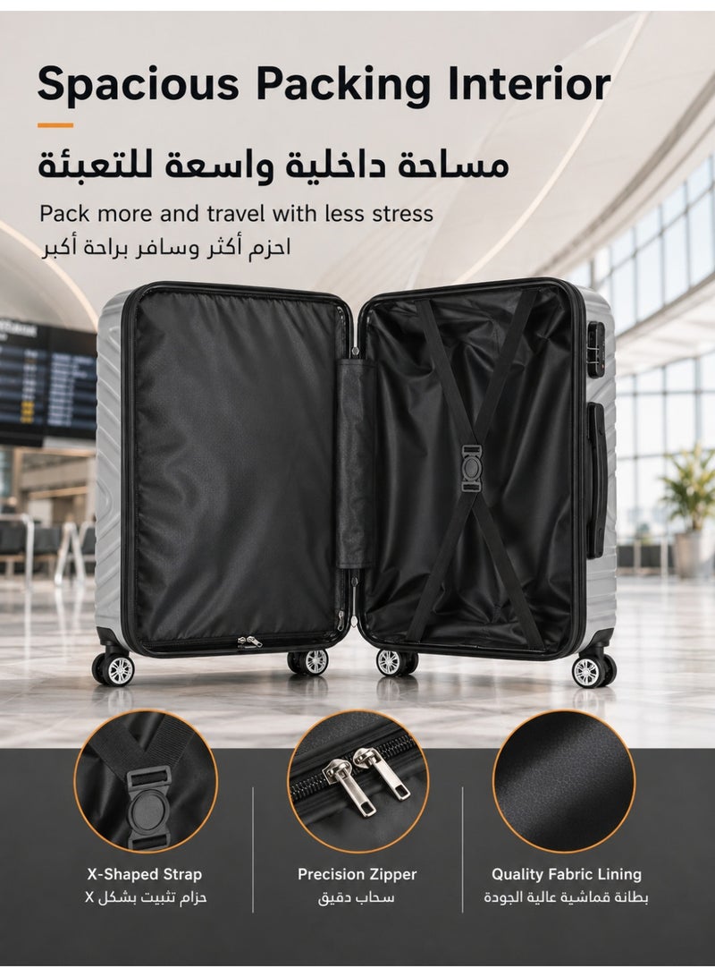 آه آه مجموعة حقائب سفر مكونة من 3 قطع مع عجلة دوارة ومجموعة حقائب سفر صلبة مع قفل TSA قابلة للتوسيع للرجال والنساء باللون الفضي - Image 3