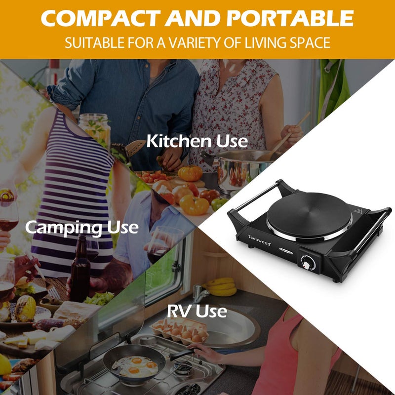 Techwood Hot Plate, Techwood Electric Stove for Cooking, 1500W Countertop Single Burner with Adjustable Temperature and Handles, 7.3â€ Cooktop for RV/Home/Camp, Compatible for All Cookwares Black - Image 3