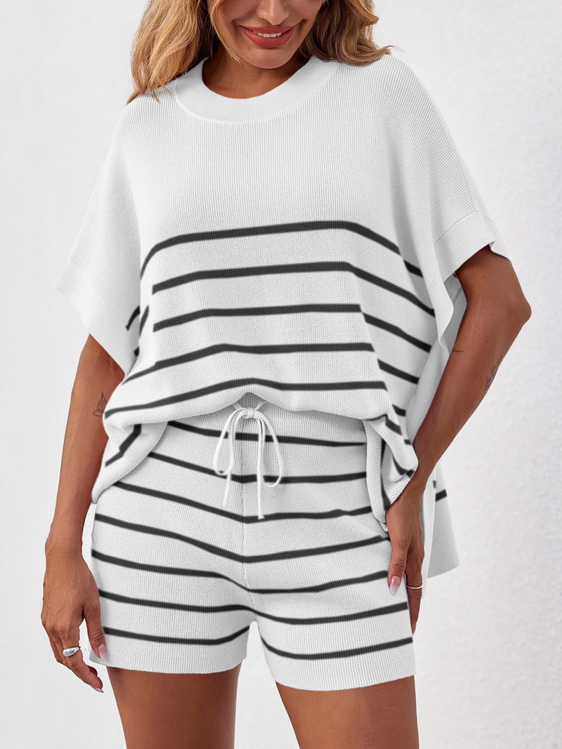 Fisoew Women's Striped 2 Piece Outfits Oversized Batwing Short Sleeve Tops High Waisted Shorts Summer Knit Lounge Short Sets White - Image 5