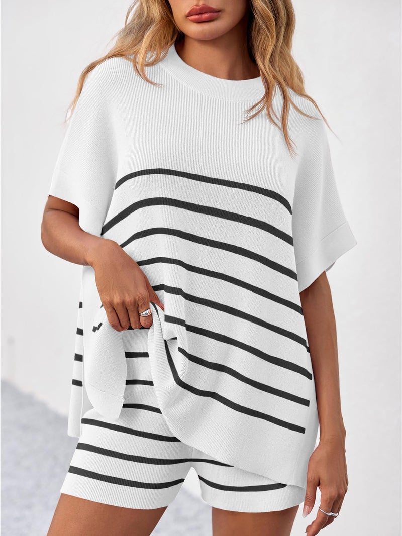 Fisoew Women's Striped 2 Piece Outfits Oversized Batwing Short Sleeve Tops High Waisted Shorts Summer Knit Lounge Short Sets White - Image 2