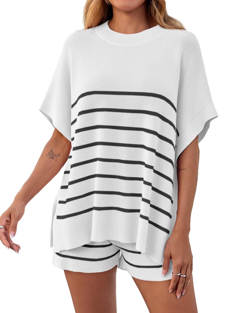 Fisoew Women's Striped 2 Piece Outfits Oversized Batwing Short Sleeve Tops High Waisted Shorts Summer Knit Lounge Short Sets White - Image 1