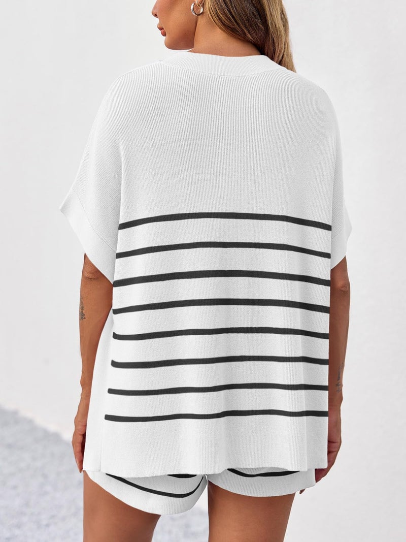 Fisoew Women's Striped 2 Piece Outfits Oversized Batwing Short Sleeve Tops High Waisted Shorts Summer Knit Lounge Short Sets White - Image 4