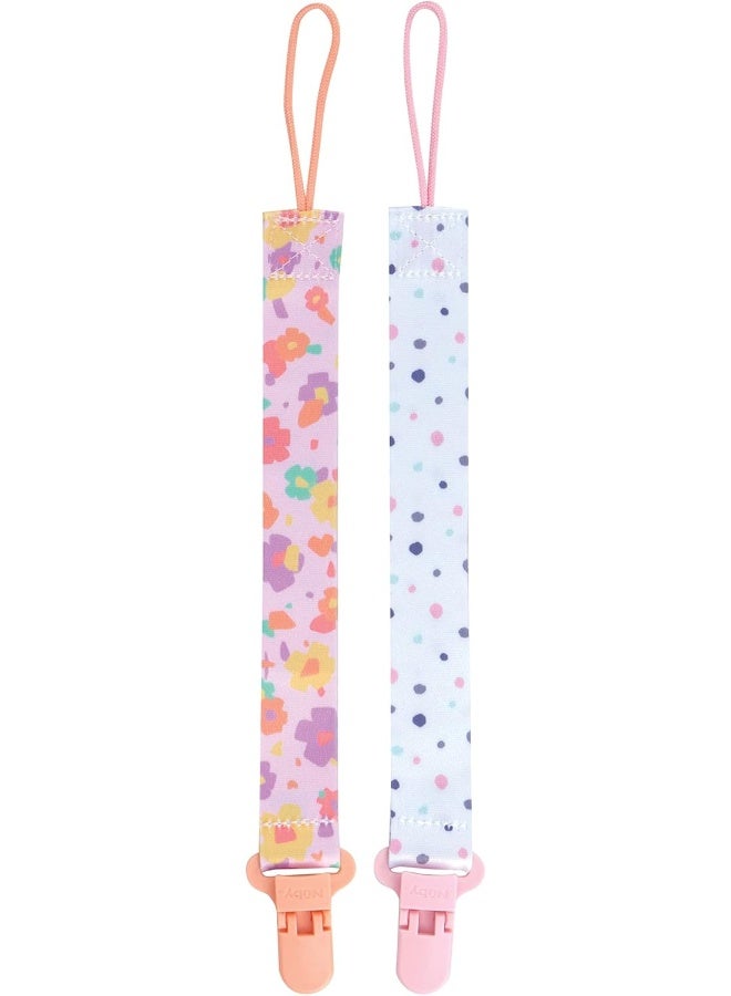 Nuby Pacifinder Baby Pacifier Clip - (2-Pack) - Pacifier Holder Clip with Convenient Hook Loop - Flowers and Polka Dots - Image 1