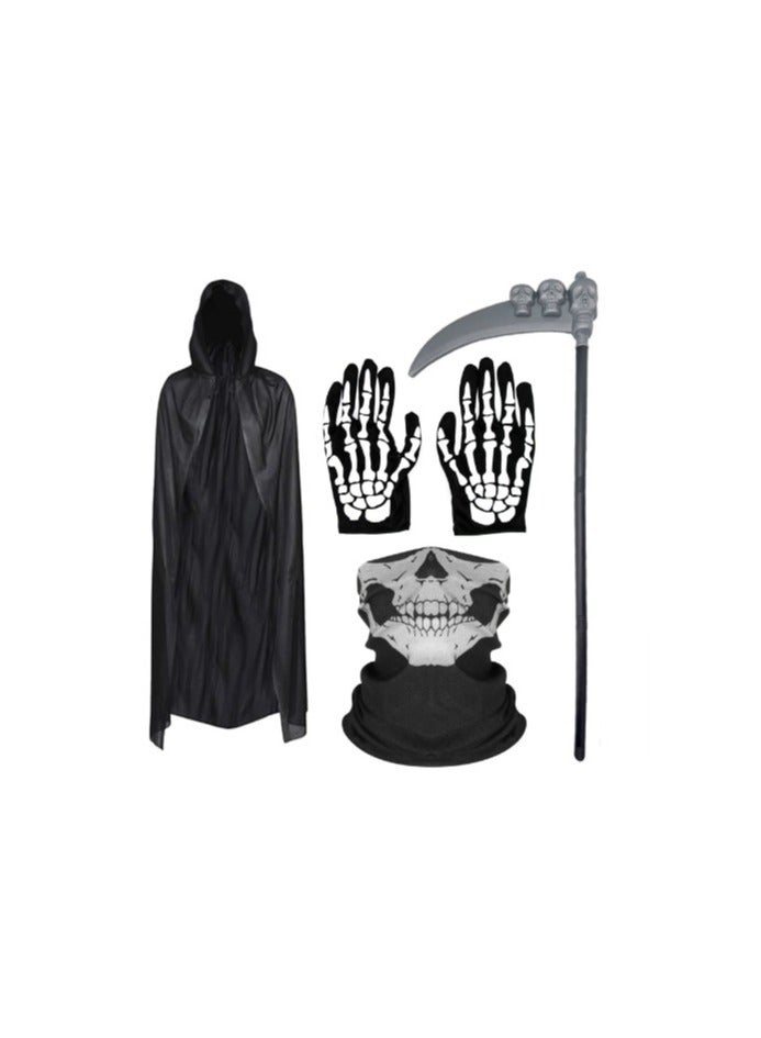 JAYATO Set of 4 Cosplay Costumes, 140cm Length Black Velvet Hooded Cape Mask Gloves Scythe Props for Men and Women - Image 1
