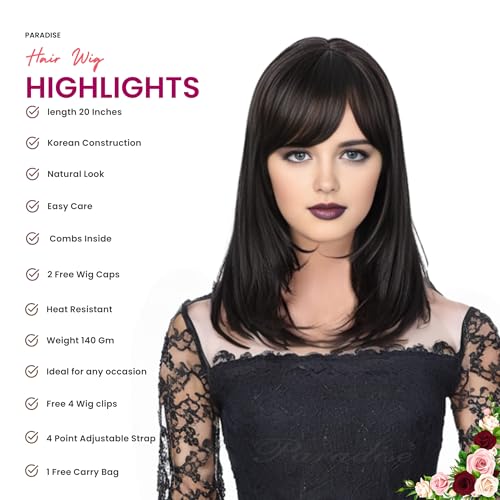 Paradise 20-Inch Synthetichair Wigs For Women Full Head With Bangs – Full Head Short Wig for Women & Girls | Natural Black, 140g | Includes 4 Wig Clips, 2 Wig Caps & Carry Pouch - Image 4
