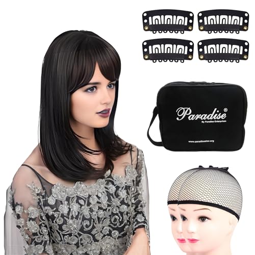 Paradise 20-Inch Synthetichair Wigs For Women Full Head With Bangs – Full Head Short Wig for Women & Girls | Natural Black, 140g | Includes 4 Wig Clips, 2 Wig Caps & Carry Pouch - Image 2