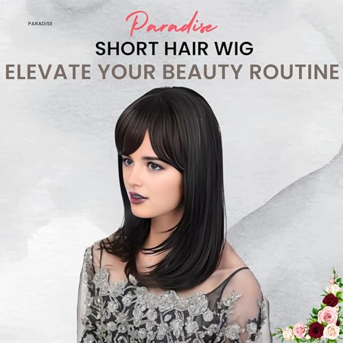 Paradise 20-Inch Synthetichair Wigs For Women Full Head With Bangs – Full Head Short Wig for Women & Girls | Natural Black, 140g | Includes 4 Wig Clips, 2 Wig Caps & Carry Pouch - Image 3