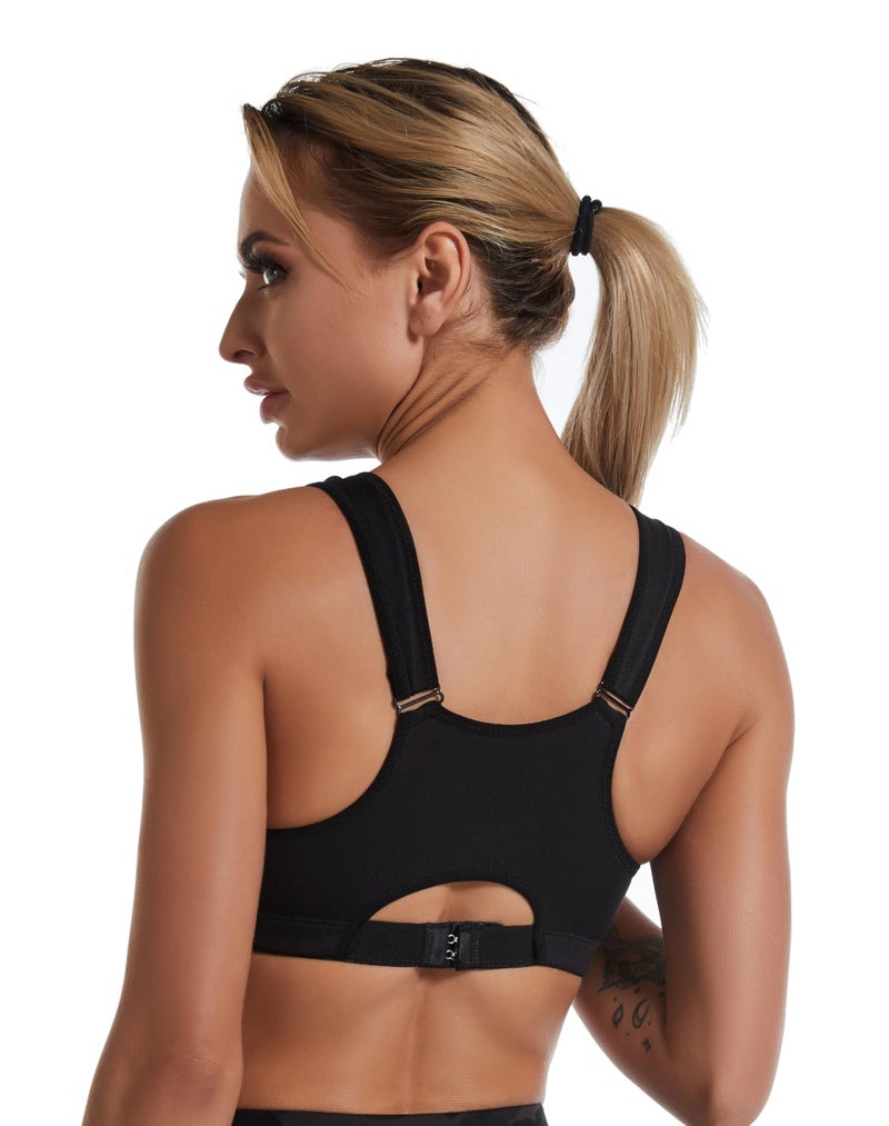 PLUMBURY Polyamide Padded Front Zip High Support Racerback Adjustable Strap Sports Bra For Women, Size M To 3Xl Black - Image 2