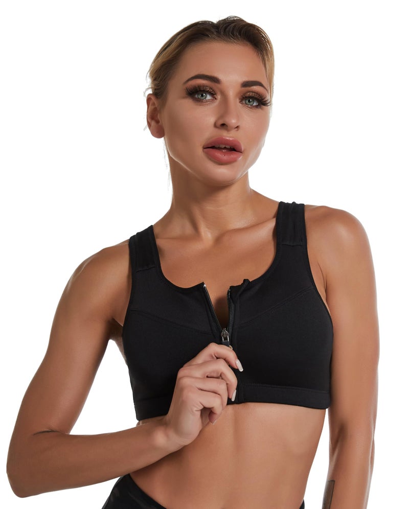 PLUMBURY Polyamide Padded Front Zip High Support Racerback Adjustable Strap Sports Bra For Women, Size M To 3Xl Black - Image 3