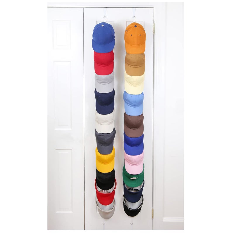 Perfect Curve Hat Organizer Cap Rack FAV Hat Racks Hold up to 40 caps Over Door Organizer for Baseball Hat Fitted Adjustable Caps Visors Door Slam Proof 2 Straps White