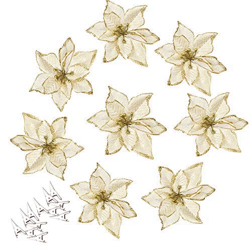 Amajoy 12pcs Glitter Poinsettia Christmas Tree Ornament Artificial Wedding Christmas Flowers Xmas Tree Wreaths Decor Ornament  5.5inch  Red and Gold for Choice (Gold) - Image 1