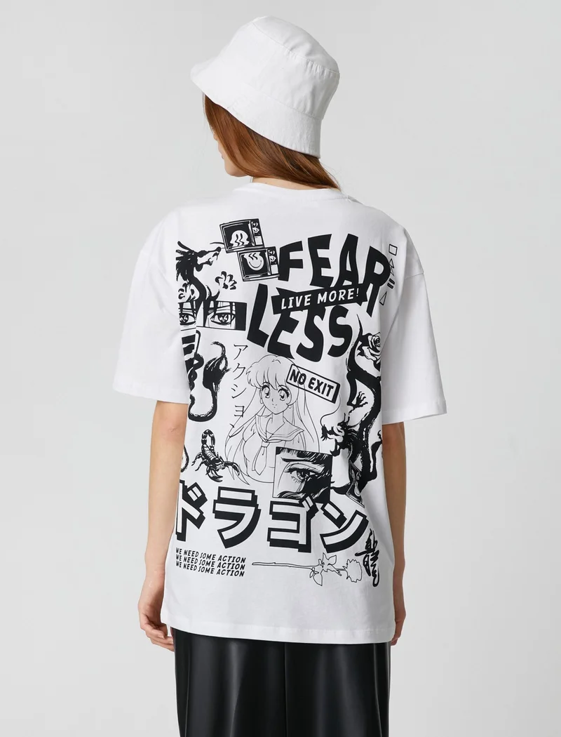 KOTON Oversize T-Shirt Short Sleeve Far East Printed Crew Neck