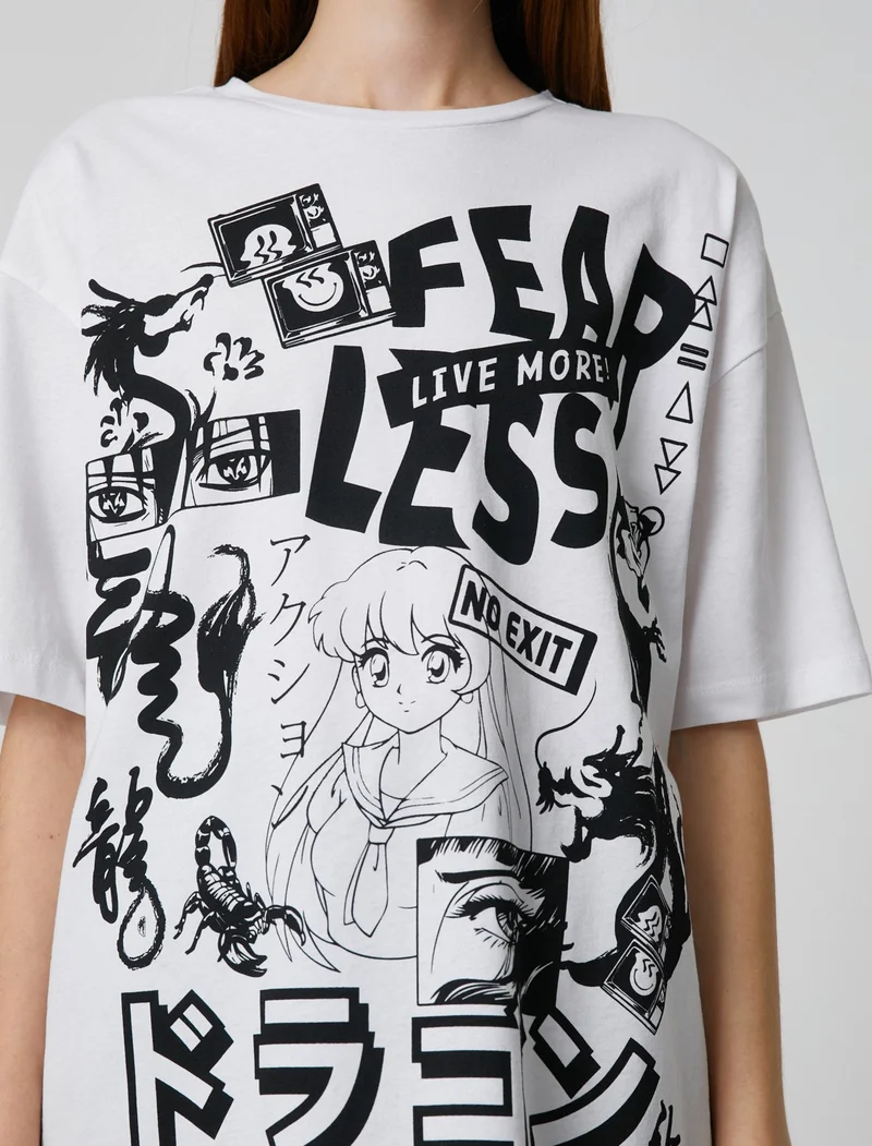 KOTON Oversize T-Shirt Short Sleeve Far East Printed Crew Neck
