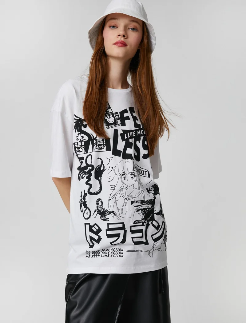 KOTON Oversize T-Shirt Short Sleeve Far East Printed Crew Neck
