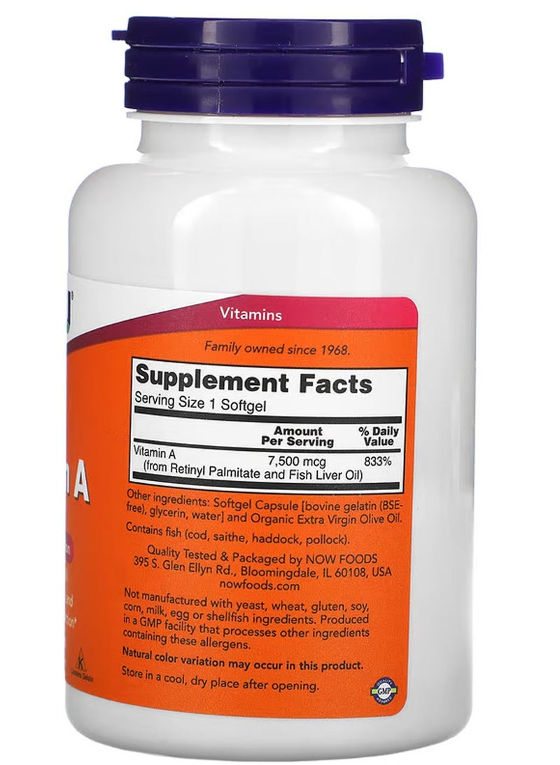 now Vitamin A, 7,500 mcg (25,000 IU), 250 Softgels - Image 2